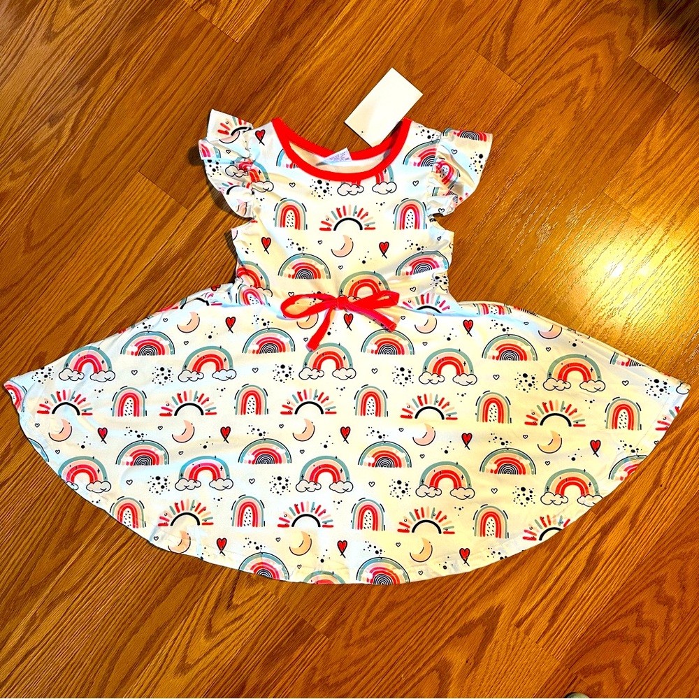 White and coral Rainbow Print Twirl dress